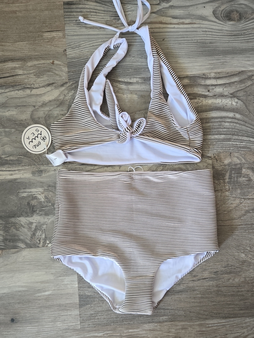Striped High-Waist Bikini Set - Cream & Black